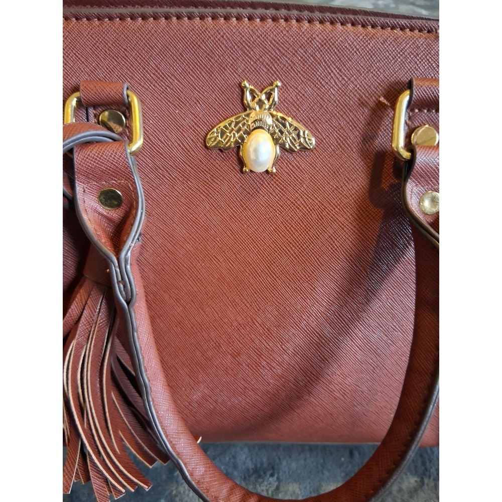 Brown Structured Satchel Bee Accent Tassel Gold Hardware Top Handle Shoulder Bag - Picture 9 of 16